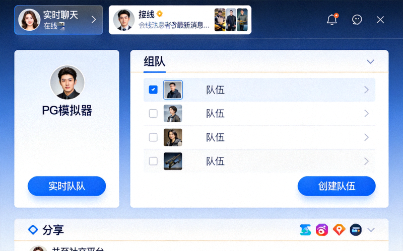 PG模拟器内置社区功能界面截图，展示实时聊天、组队和分享模块