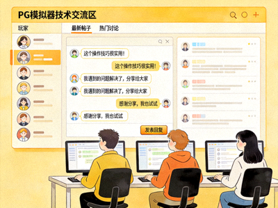 PG模拟器玩家在社区论坛中进行友好技术交流的示意图
