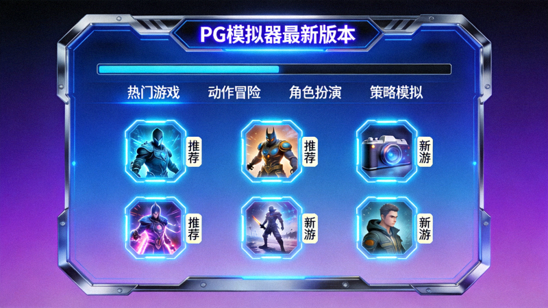 PG模拟器最新版本主界面截图，展示科技感设计与游戏分类